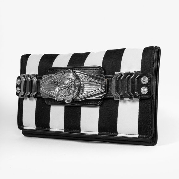 Balmain Black White Stripe Clutch Silver Tone Hardware - Picture 3 of 10